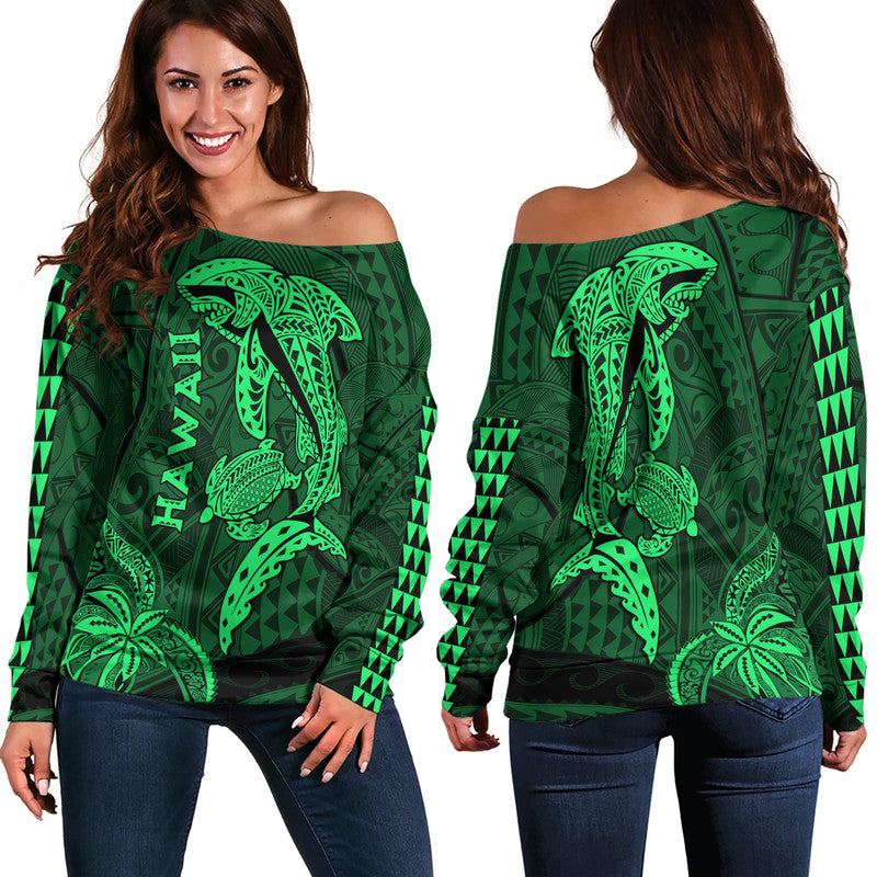 Hawaii Women Off Shoulder Sweater Shark and Turtle Mix Kakau Green LT9 Women Green - Polynesian Pride