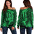 Hawaii Women Off Shoulder Sweater Shark and Turtle Mix Kakau Green LT9 Women Green - Polynesian Pride