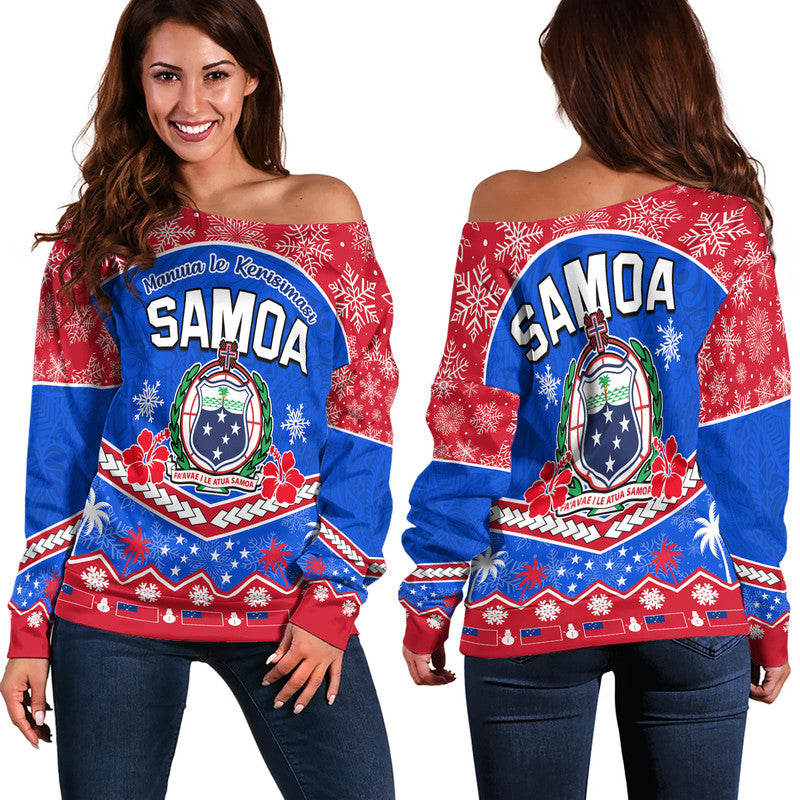 Samoa Tribal Polynesian Christmas Vibe Women Off Shoulder Sweater LT9 Women Blue - Polynesian Pride