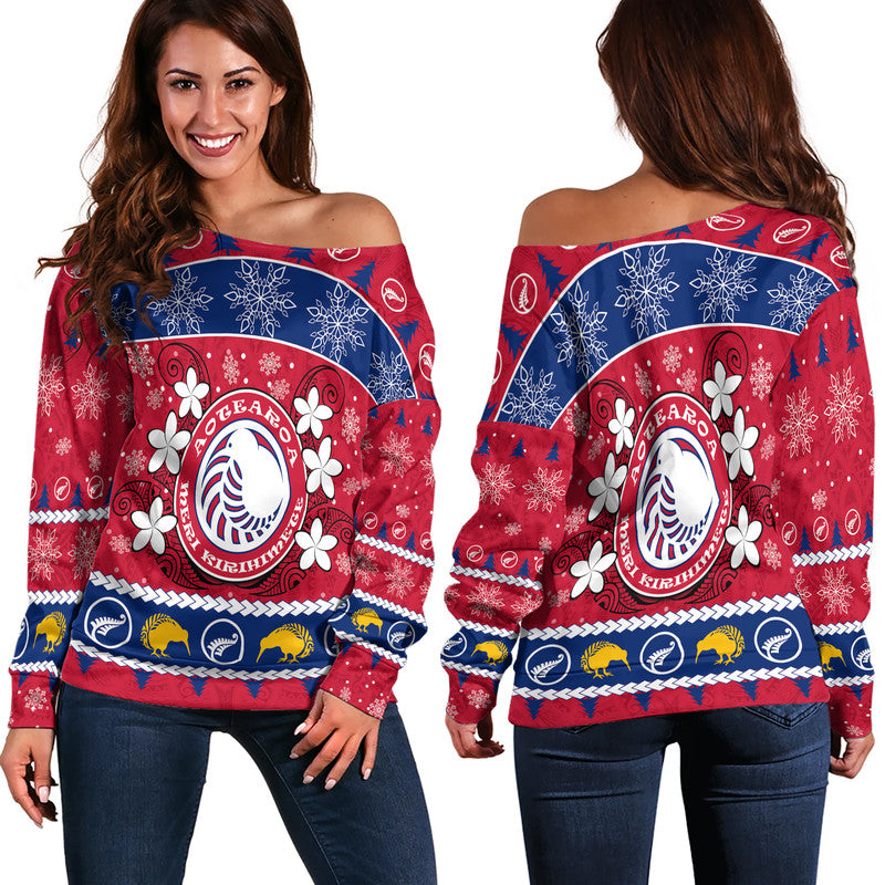 New Zealand Aotearoa Meri Kirihimete Women Off Shoulder Sweater Maori Kiwi Christmas LT9 Women Red - Polynesian Pride
