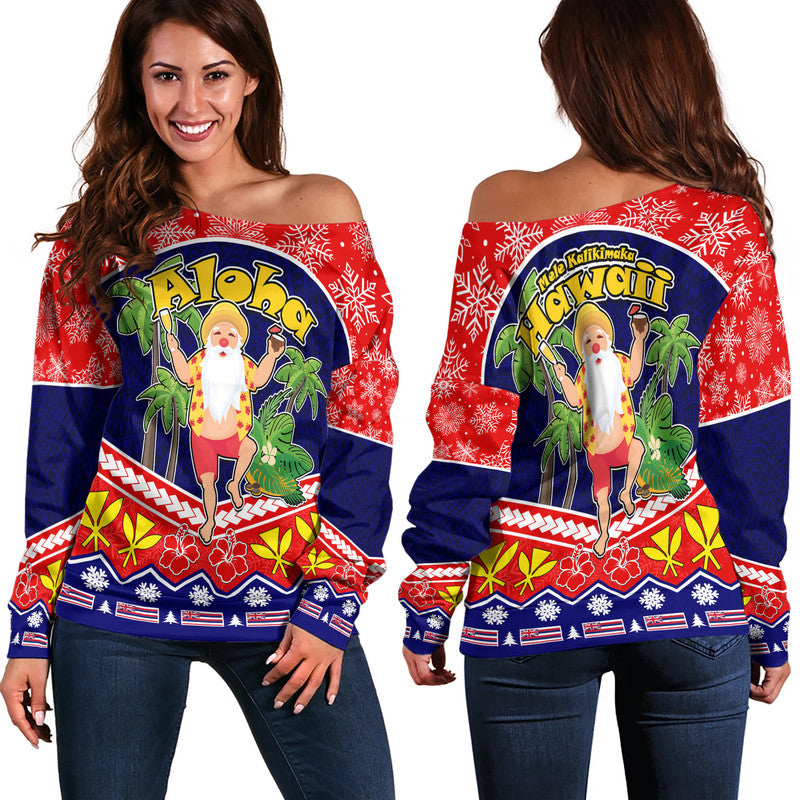 Hawaii Santa Kalikimaka Palm And Hibiscus Christmas Vibe Women Off Shoulder Sweater LT9 Women Red - Polynesian Pride