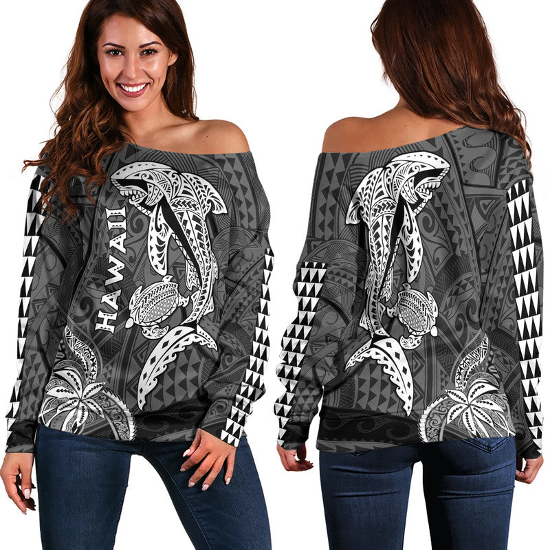 Hawaii Women Off Shoulder Sweater Shark and Turtle Mix Kakau LT9 Women Black - Polynesian Pride