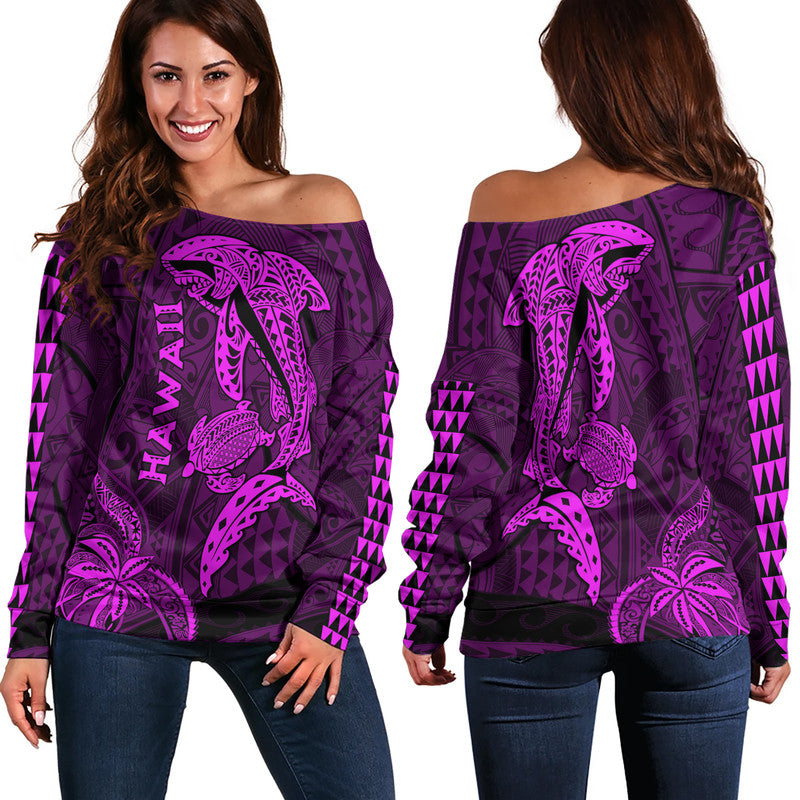 Hawaii Women Off Shoulder Sweater Shark and Turtle Mix Kakau Purple LT9 Women Purple - Polynesian Pride