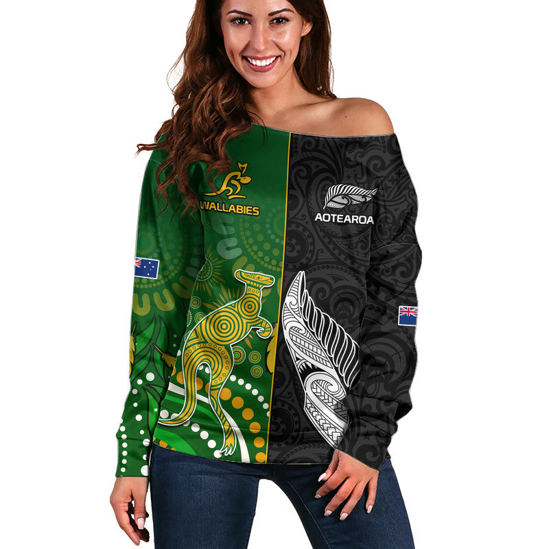 Aotearoa Rugby All Black Combine Australia Wallabies Women Off Shoulder Sweater Aboriginal Kangaroo And Maori Fern LT9 Women Black - Polynesian Pride