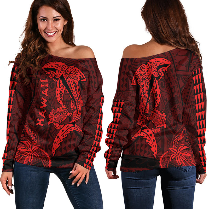 Hawaii Women Off Shoulder Sweater Shark and Turtle Mix Kakau Red LT9 Women Red - Polynesian Pride