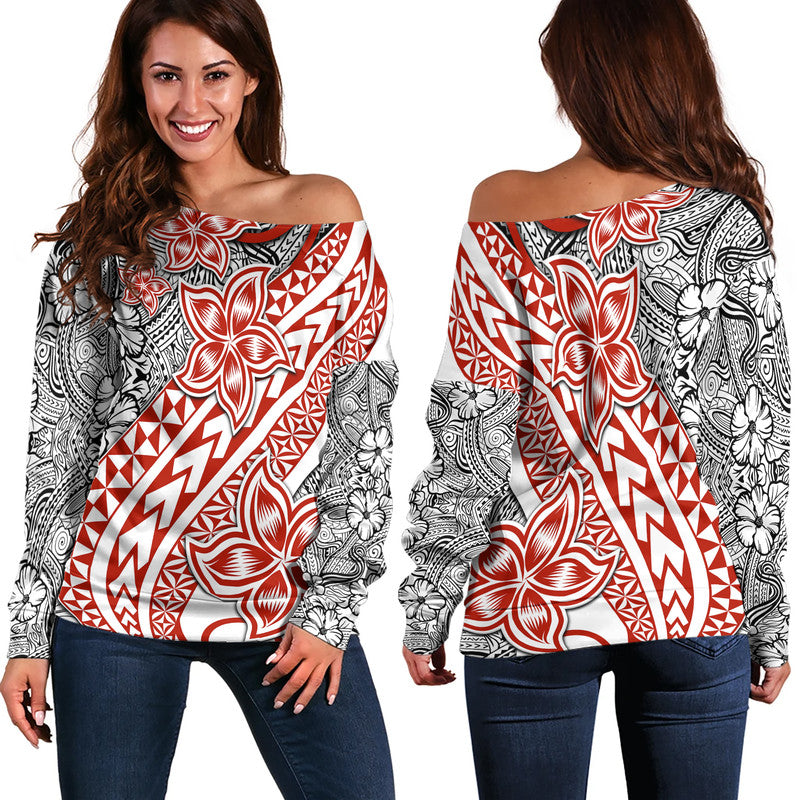 Traditional Polynesian Tribal Tattoo Retro Women Off Shoulder Sweater Red LT9 Women Red - Polynesian Pride