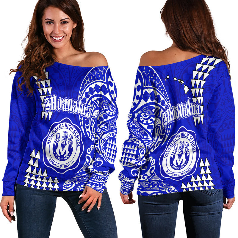 Hawaii Moanalua High School Off Shoulder Sweater Tribal Kakau LT9 Women Blue - Polynesian Pride