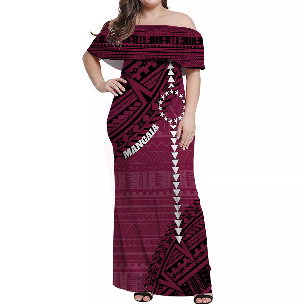 Cook Islands Tribal Personalised Off Shoulder Long Dress Island Map - Mangaia Island LT7 Long Dress Maroon - Polynesian Pride