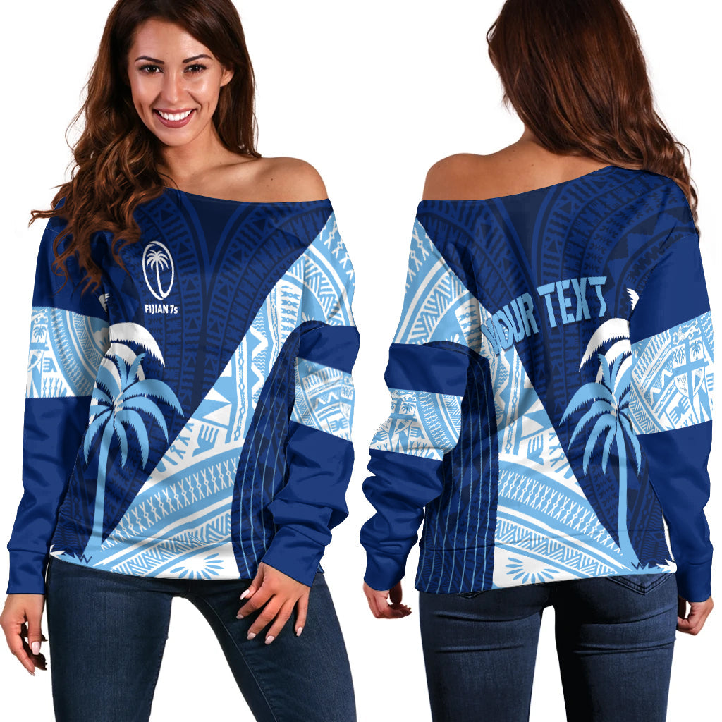 Personalised Fiji Sevens Off Shoulder Sweater Kaiviti Kesakesa LT7 Women Blue - Polynesian Pride