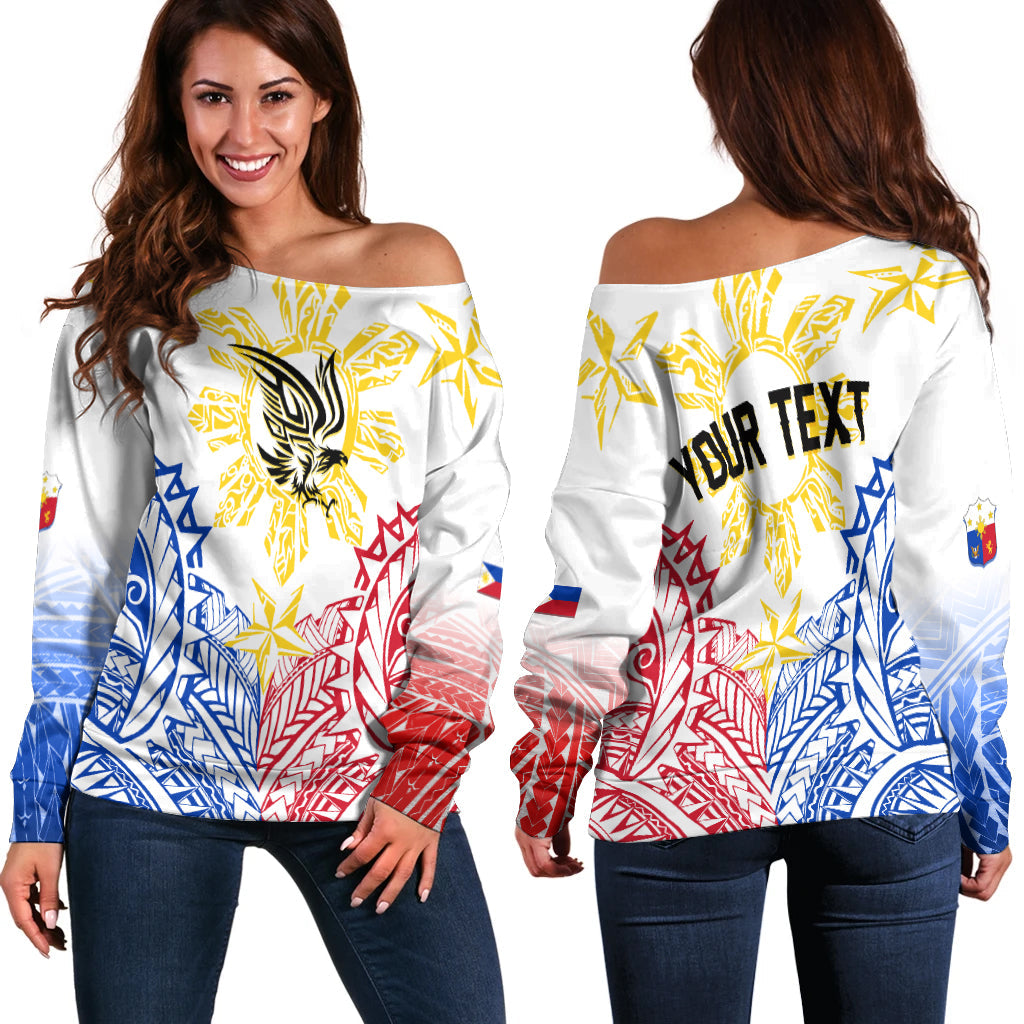 Philippines Personalised Off Shoulder Sweater Filipino Sun with Eagle LT7 Women White - Polynesian Pride