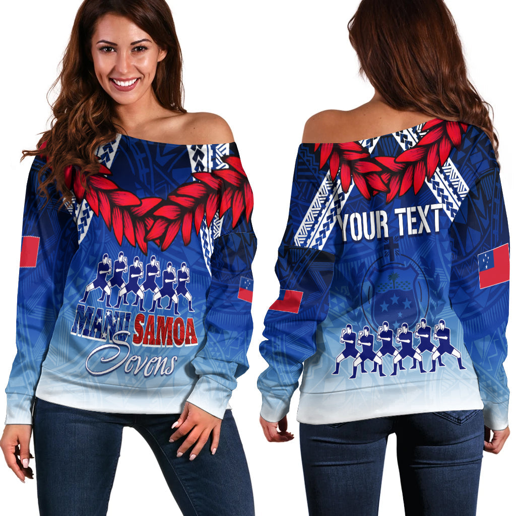 Personalised Samoa Sevens Off Shoulder Sweater Manu Siva Tau With Ula Fala LT7 Women Blue - Polynesian Pride