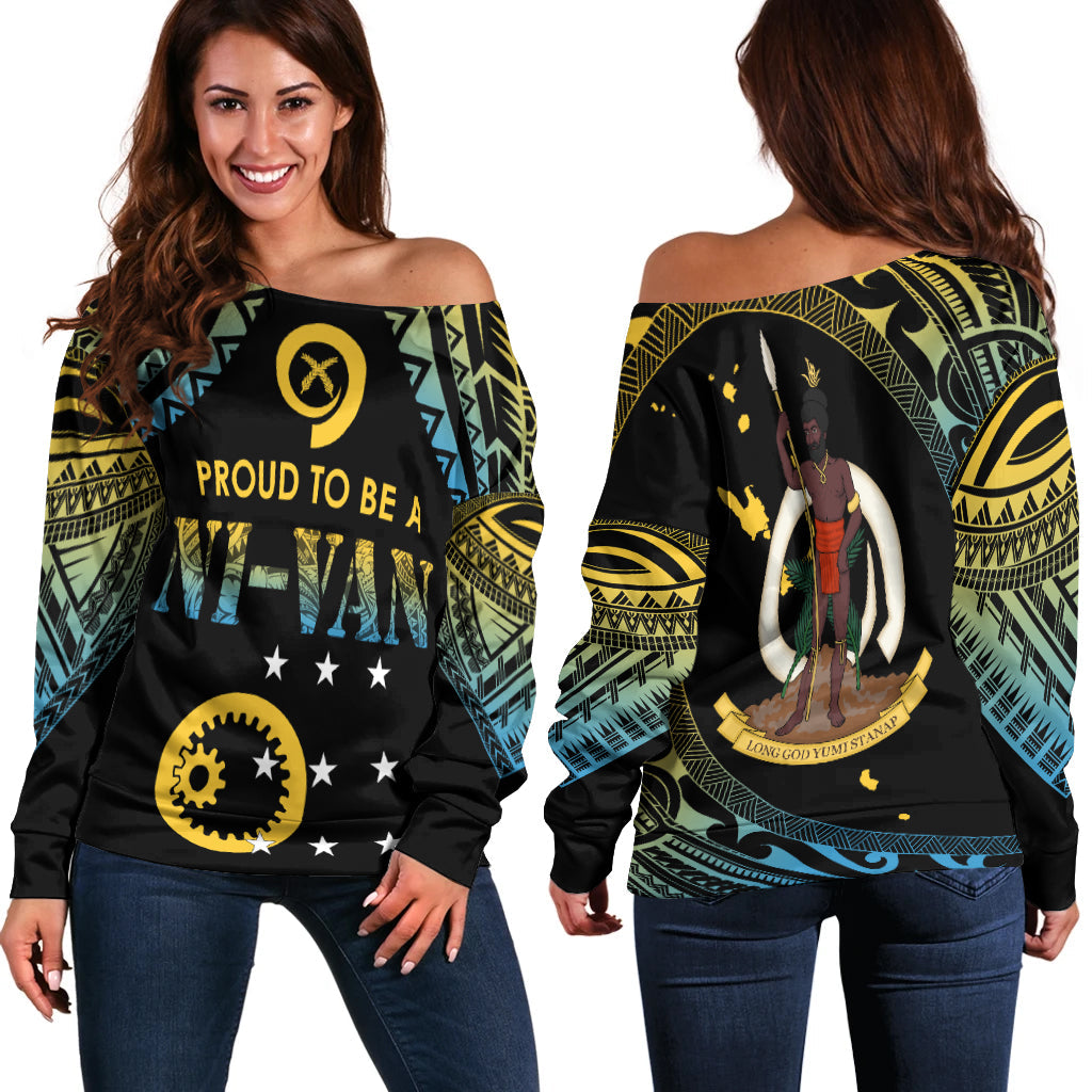 Vanuatu Proud To Be A Ni-Van - Polynesian Pattern Off Shoulder Sweater - Sanma Province LT7 Women Black - Polynesian Pride
