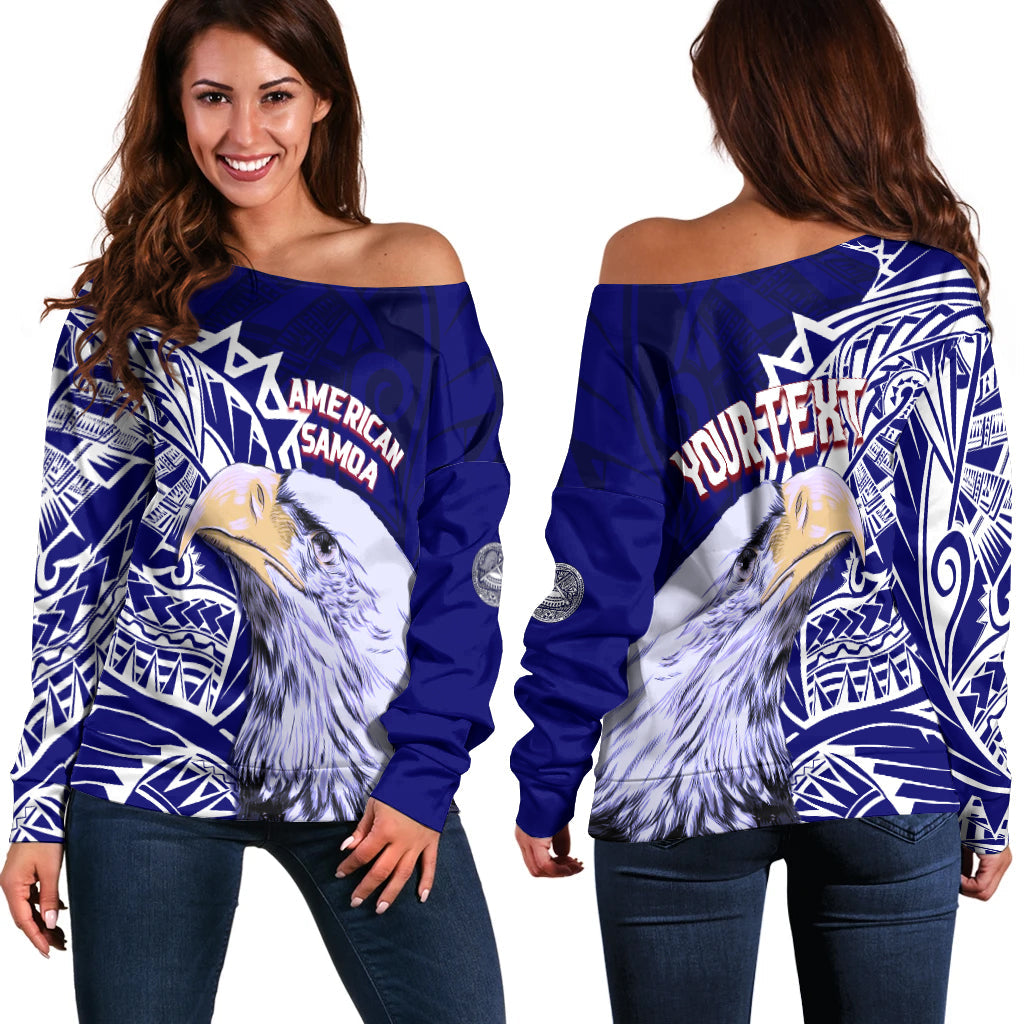 American Samoa Personalised Off Shoulder Sweater Bald Eagle LT7 Women Blue - Polynesian Pride