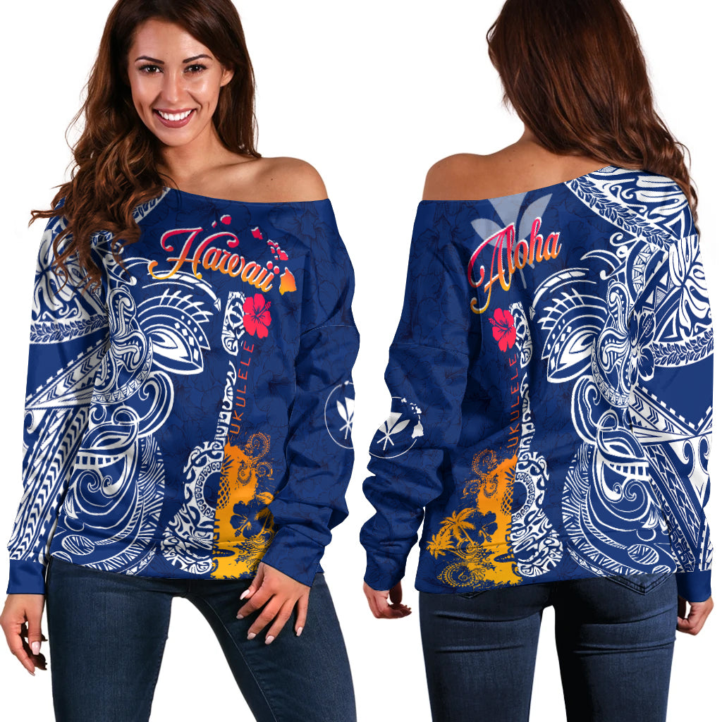 Hawaii Ukulele Unique Style Off Shoulder Sweater Hibiscus Pattern LT7 - Polynesian Pride