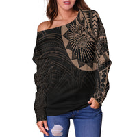 Polynesian Full Sleeve Tattoo Off Shoulder Sweater Blush Color LT7 Black - Polynesian Pride