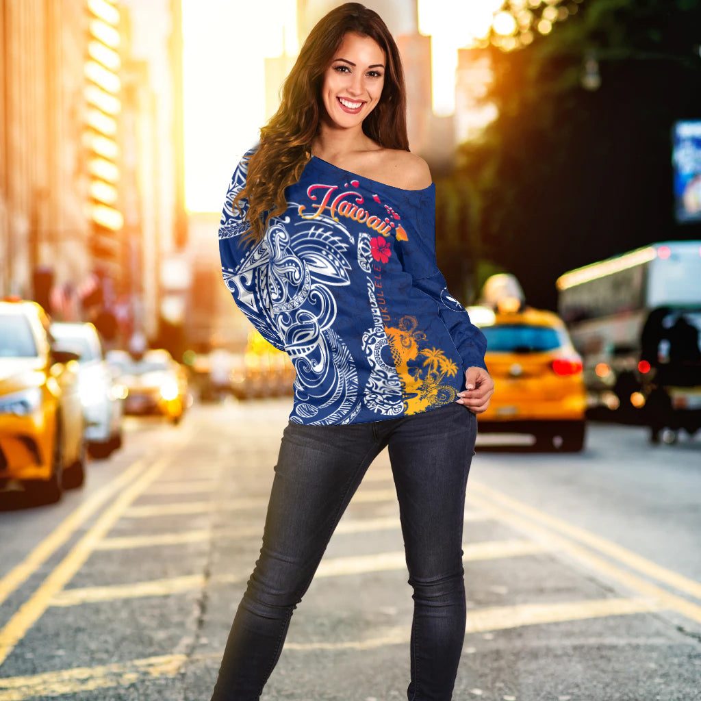 Hawaii Ukulele Unique Style Off Shoulder Sweater Hibiscus Pattern LT7 - Polynesian Pride