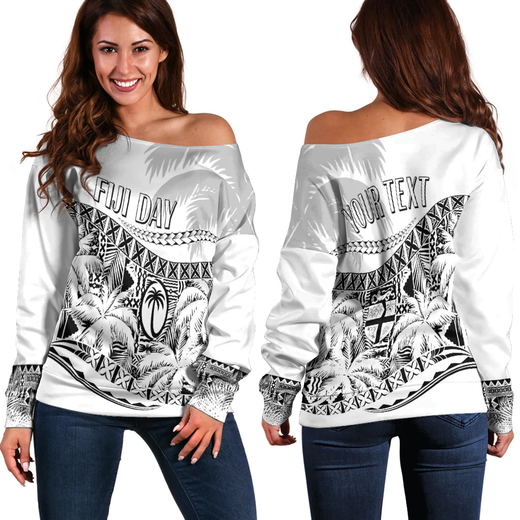 Personalised Fiji Day Off Shoulder Sweater Flying Fijians Masi Kesa Style - White LT7 Women White - Polynesian Pride