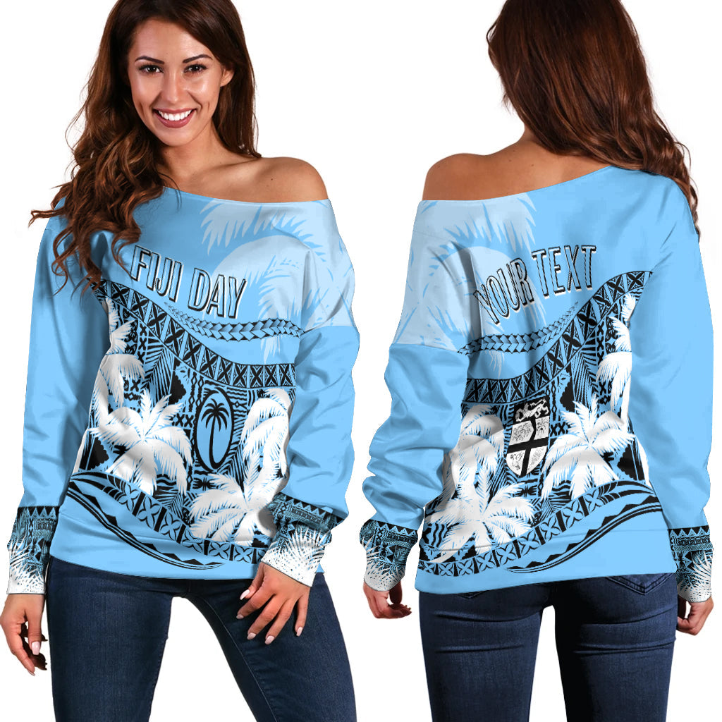 Personalised Fiji Day Off Shoulder Sweater Flying Fijians Masi Kesa Style - Turquoise LT7 Women Turquoise - Polynesian Pride