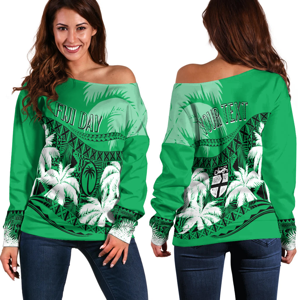 Personalised Fiji Day Off Shoulder Sweater Flying Fijians Masi Kesa Style - Green LT7 Women Green - Polynesian Pride