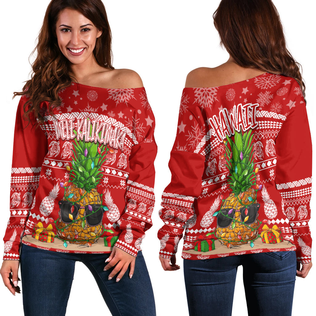 Hawaii Christmas Off Shoulder Sweater Mele Kalikimaka - Pineapple LT7 Women Red - Polynesian Pride