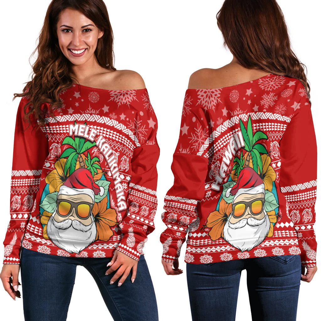 Hawaii Christmas Off Shoulder Sweater Mele Kalikimaka - Tropical Santa LT7 Women Red - Polynesian Pride