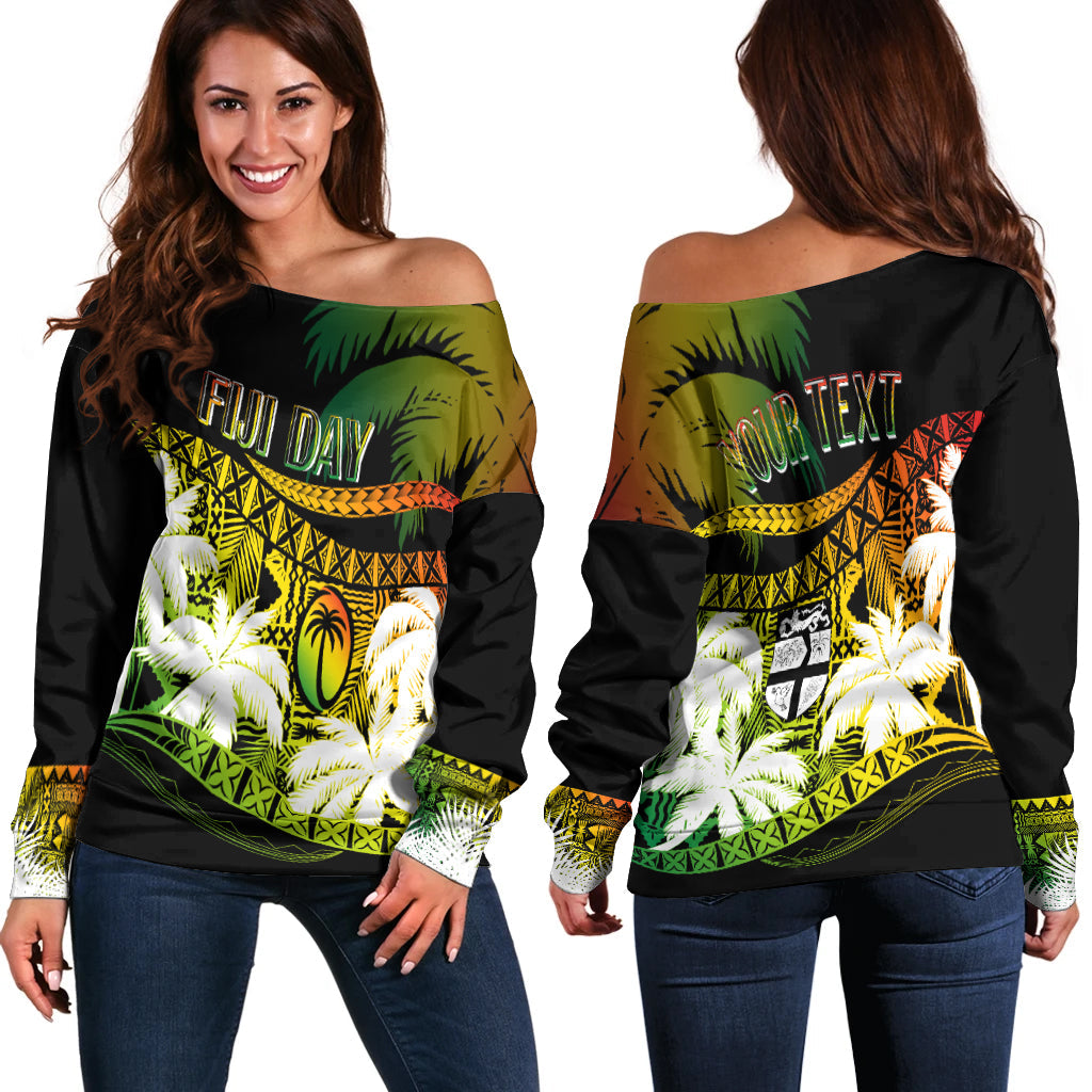 Personalised Fiji Day Off Shoulder Sweater Flying Fijians Masi Kesa Style - Reggae LT7 Women Reggae - Polynesian Pride