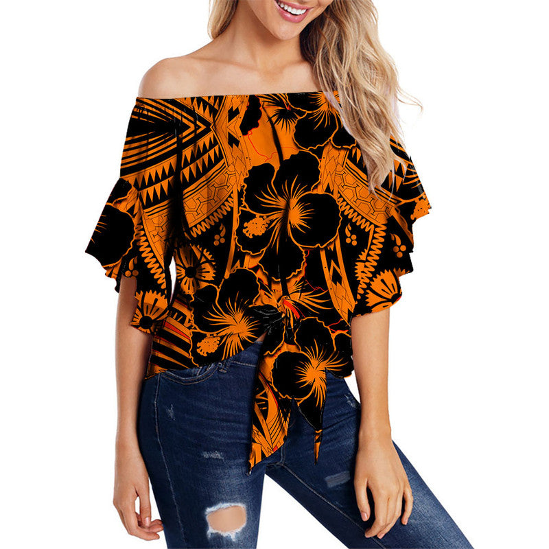 Hibiscus Off Shoulder Waist Wrap Top Fiji Patterns Orange LT6 Women Orange - Polynesian Pride