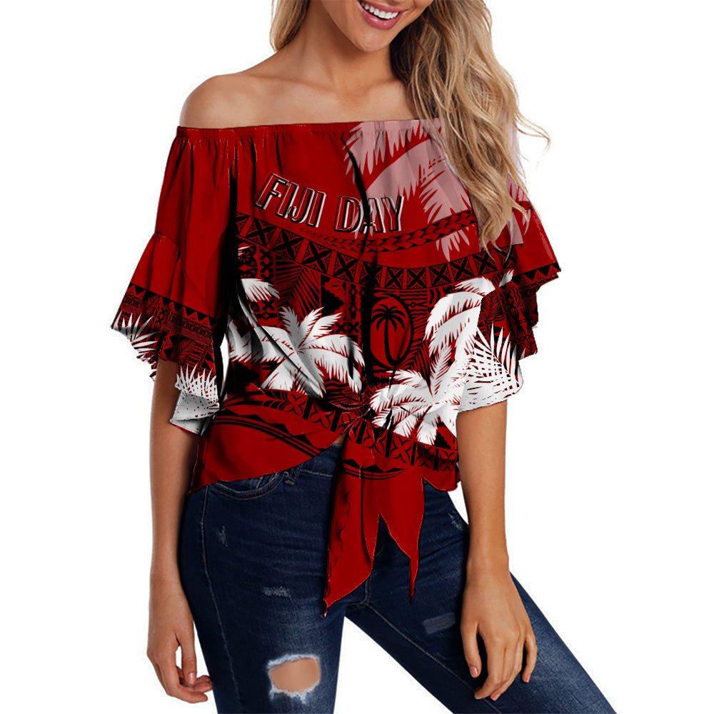 Personalised Fiji Day Off Shoulder Waist Wrap Top Flying Fijians Masi Kesa Style - Red LT7 Women Red - Polynesian Pride