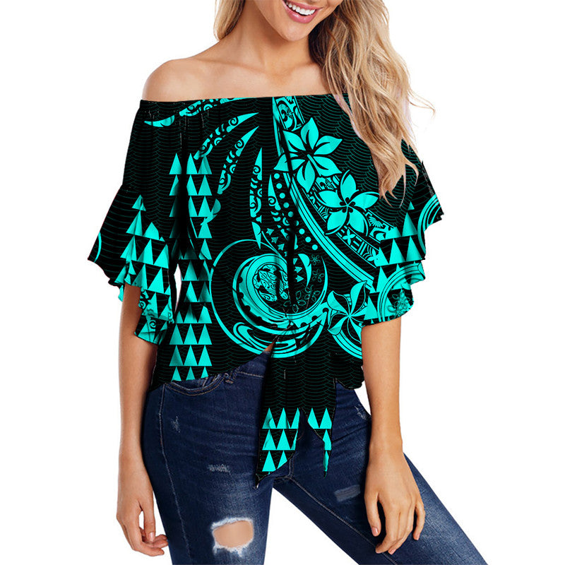 Kakau Hawaiian Polynesian Off Shoulder Waist Wrap Top Turquoise Green LT6 Women Green - Polynesian Pride