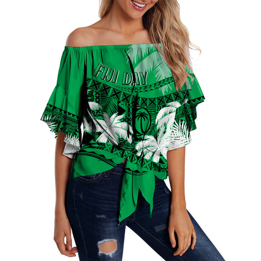 Personalised Fiji Day Off Shoulder Waist Wrap Top Flying Fijians Masi Kesa Style - Green LT7 Women Green - Polynesian Pride