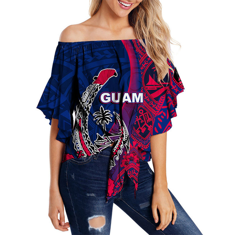 Guam Fish Hook Off Shoulder Waist Wrap Top Flag Color Style LT6 Women Blue - Polynesian Pride