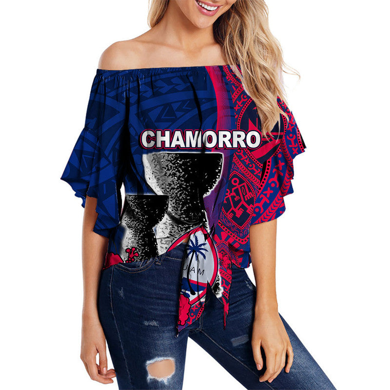 Guam Chamorro Off Shoulder Waist Wrap Top Flag Color Style LT6 Women Blue - Polynesian Pride