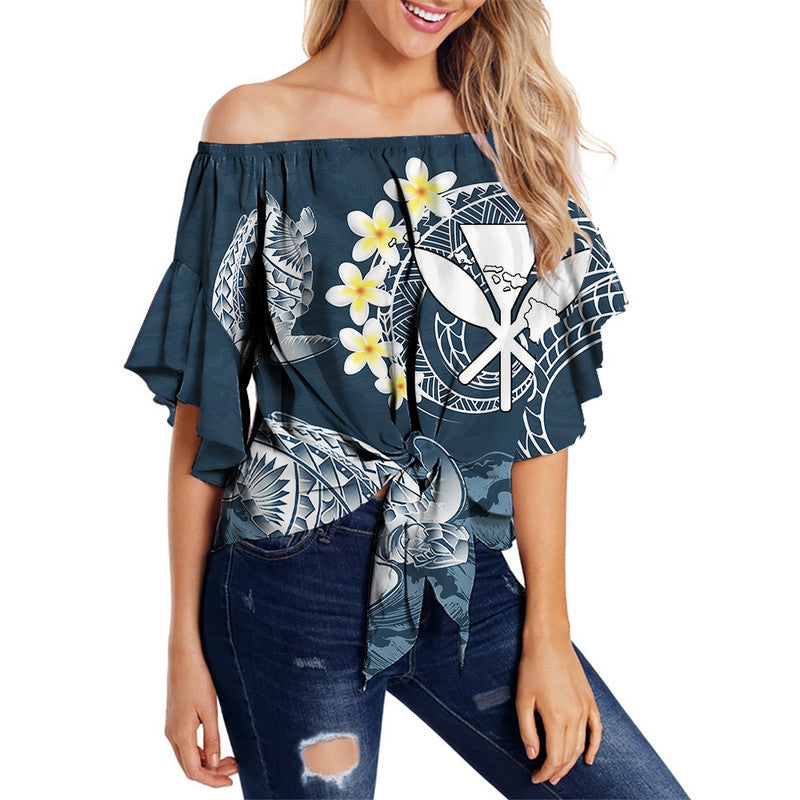 Hawaii Kanaka Turtle Off Shoulder Waist Wrap Top Style No.1 LT6 Women Blue - Polynesian Pride