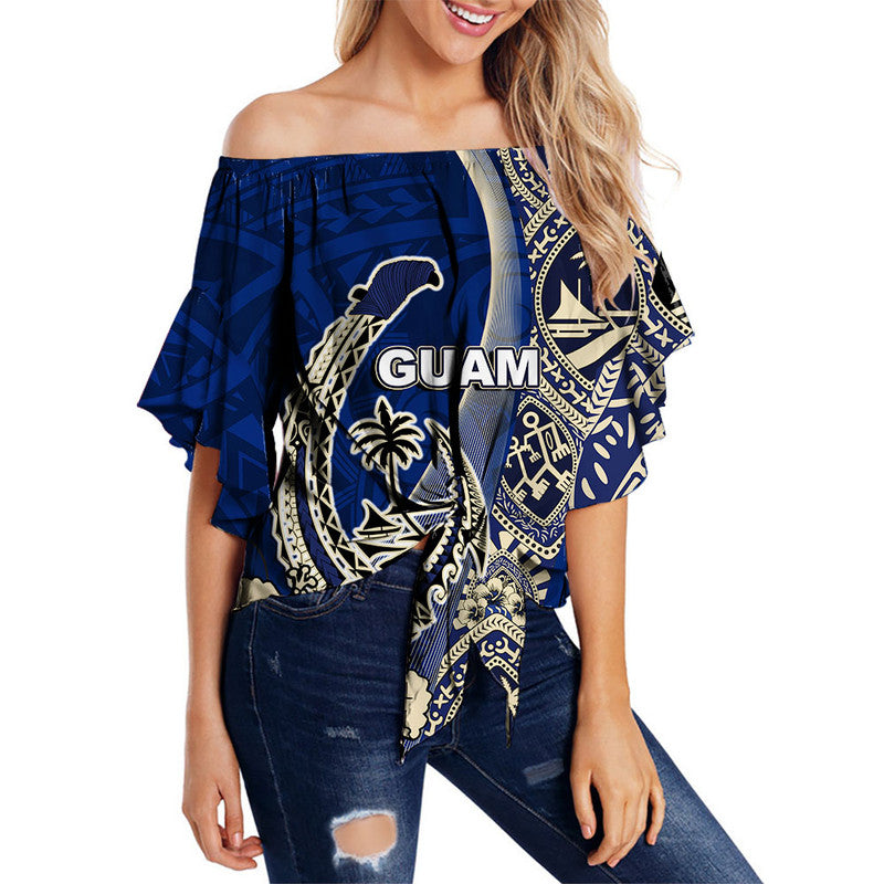 Guam Fish Hook Off Shoulder Waist Wrap Top Blue Style LT6 Women Blue - Polynesian Pride