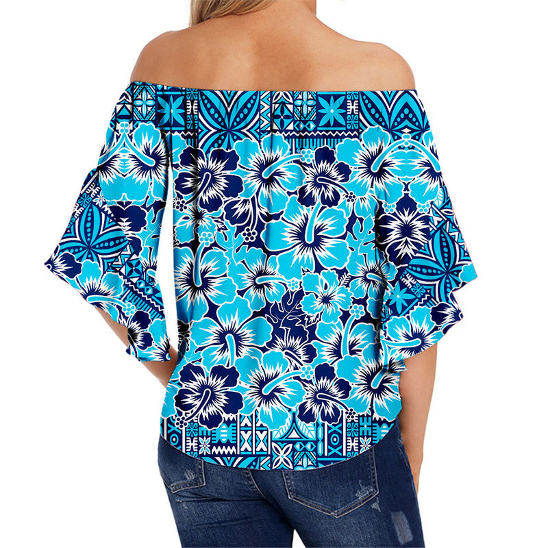Fiji Hibiscus Festival Off Shoulder Waist Wrap Top Blue LT6 - Polynesian Pride