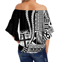 Fiji Off Shoulder Wrap Waist Top Dress Masi Tapa Patterns Black Style LT6 - Polynesian Pride