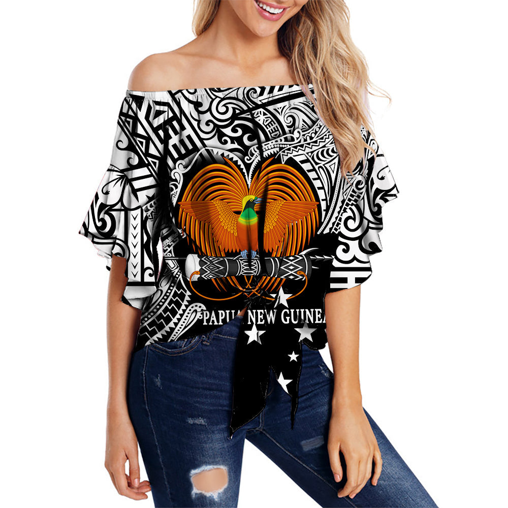 (Custom Personalised) Papua New Guinea Off Shoulder Waist Wrap Top Bird Of Paradise White Color LT6 Women Black - Polynesian Pride