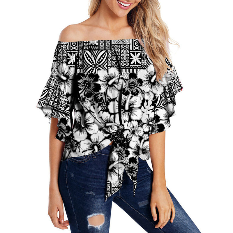 Fiji Hibiscus Festival Off Shoulder Waist Wrap Top Black LT6 Women Black - Polynesian Pride