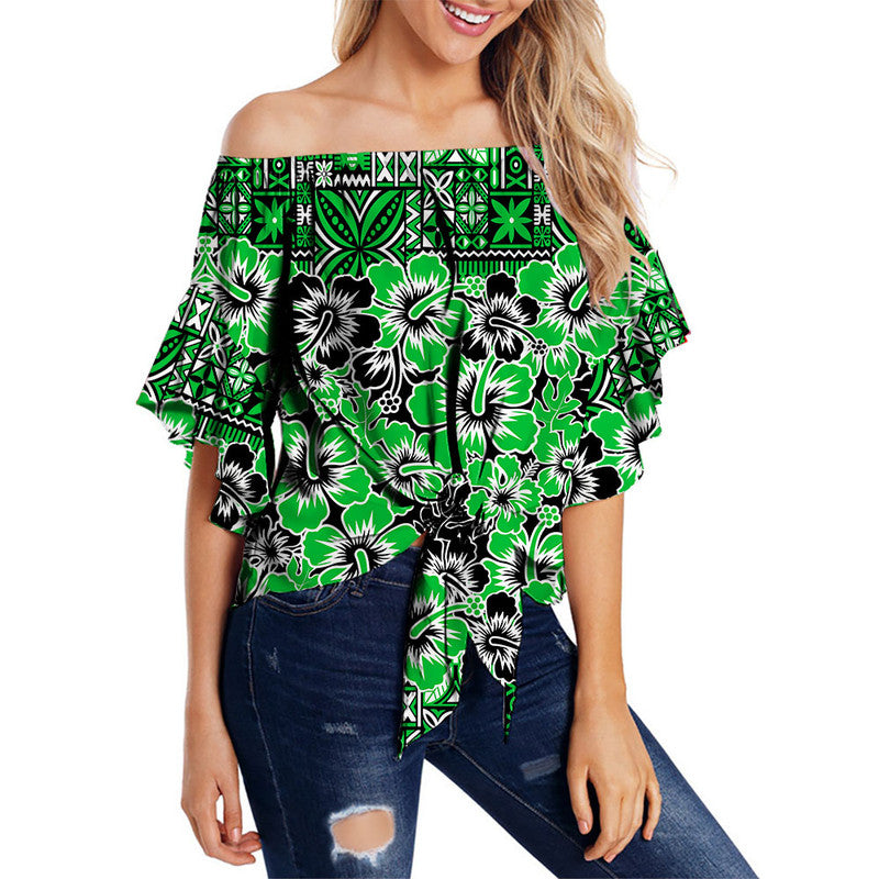 Fiji Hibiscus Festival Off Shoulder Waist Wrap Top Green LT6 Women Green - Polynesian Pride