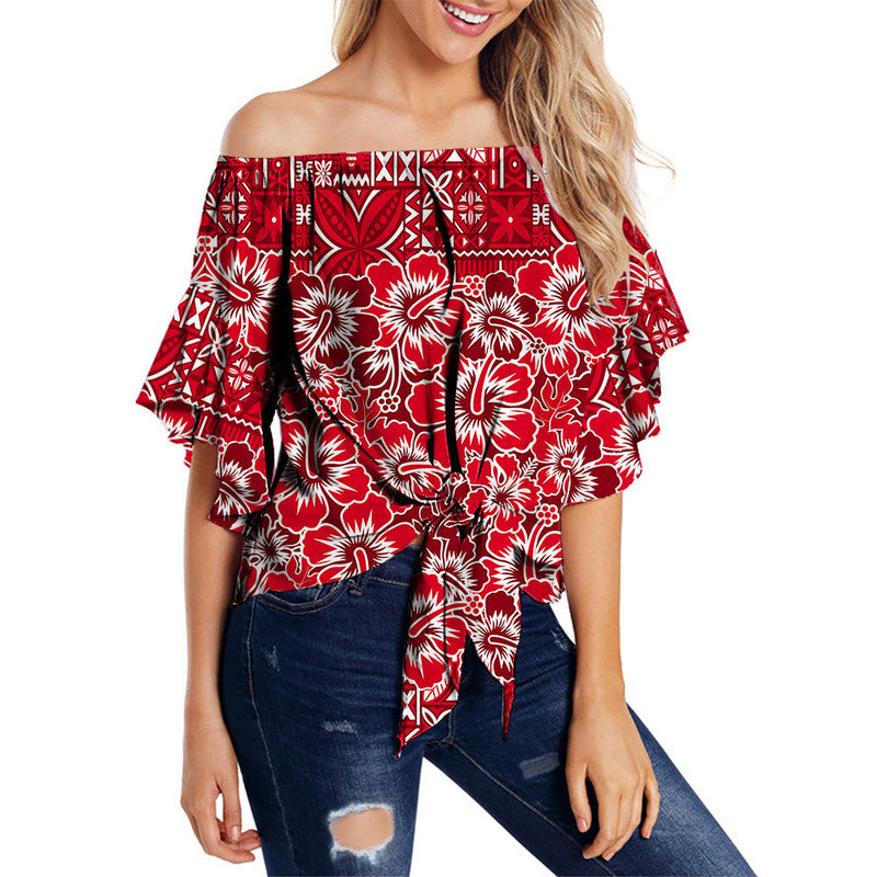 Fiji Hibiscus Festival Off Shoulder Waist Wrap Top Red LT6 Women Red - Polynesian Pride