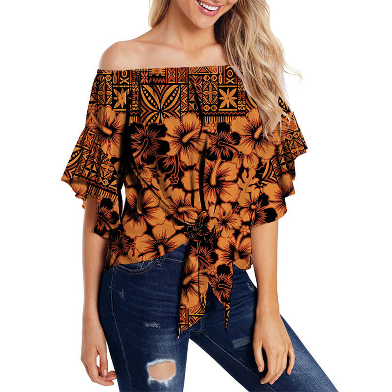 Fiji Hibiscus Festival Off Shoulder Waist Wrap Top LT6 Women Brown - Polynesian Pride