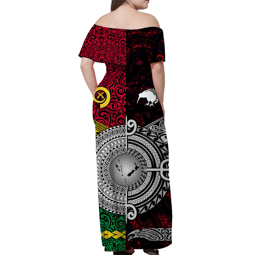 Vanuatu And New Zealand Off Shoulder Long Dress Together - Red LT8 - Polynesian Pride