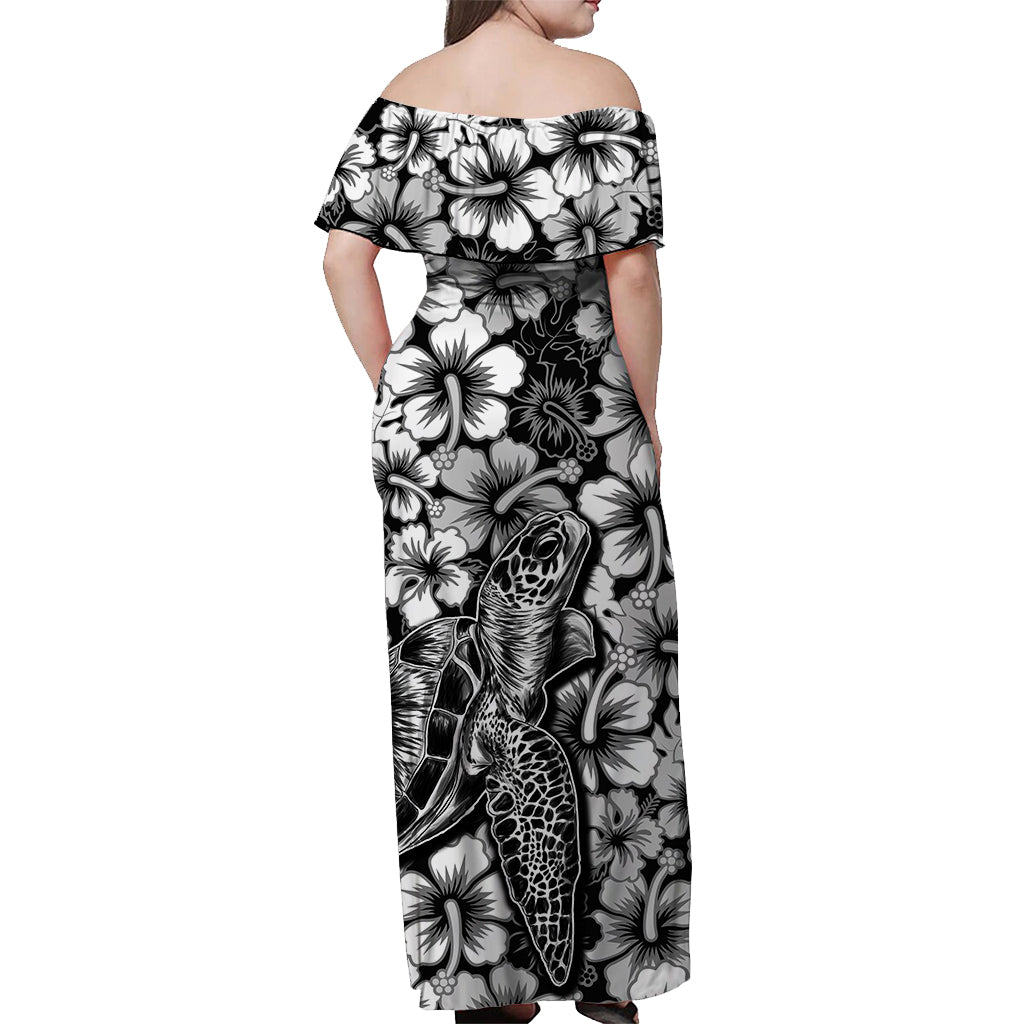 Hawaii Turtle Off Shoulder Long Dress With Hibiscus Black Style LT6 - Polynesian Pride