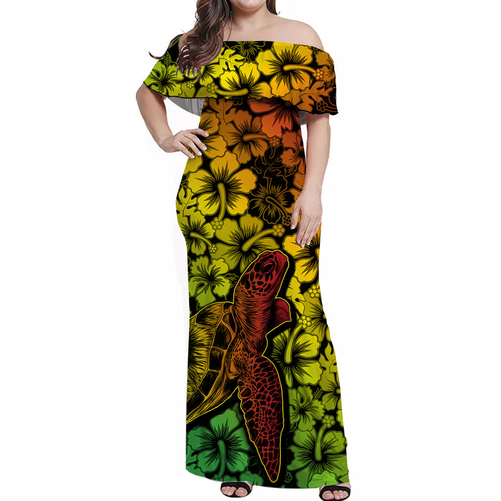 Hawaii Turtle Off Shoulder Long Dress With Hibiscus Style LT6 Long Dress Art - Polynesian Pride