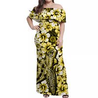 Hawaii Turtle Off Shoulder Long Dress With Hibiscus Yellow Style LT6 Long Dress Yellow - Polynesian Pride
