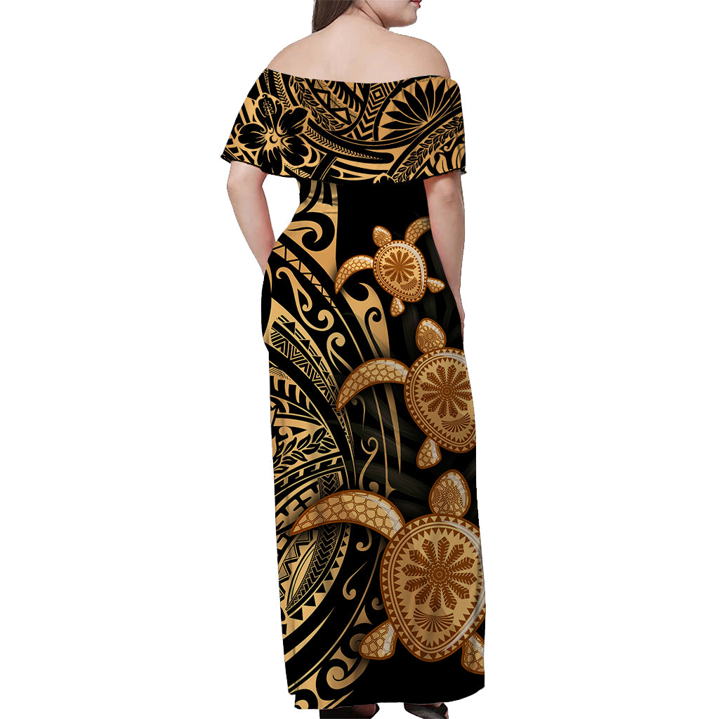 Polynesian Turtle Off Shoulder Long Dress Honu Family Gold LT4 - Polynesian Pride