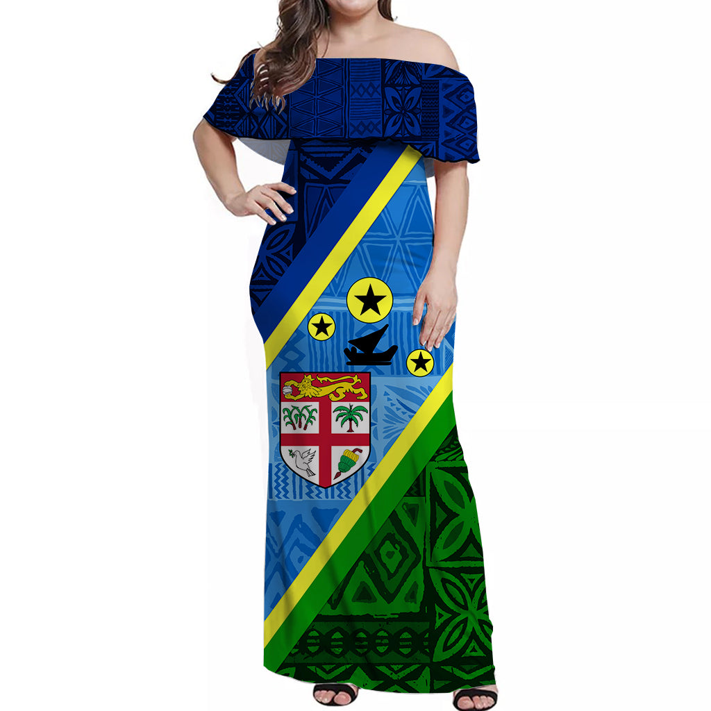 Vanuatu Malampa Fiji Day Off Shoulder Long Dress - Combine Flag Design LT4 Women Blue - Polynesian Pride