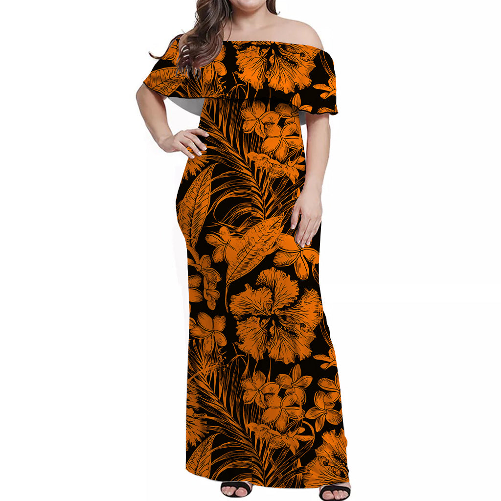 Aloha Hawaii Flowers Summer Off Shoulder Long Dress LT6 Women Orange - Polynesian Pride