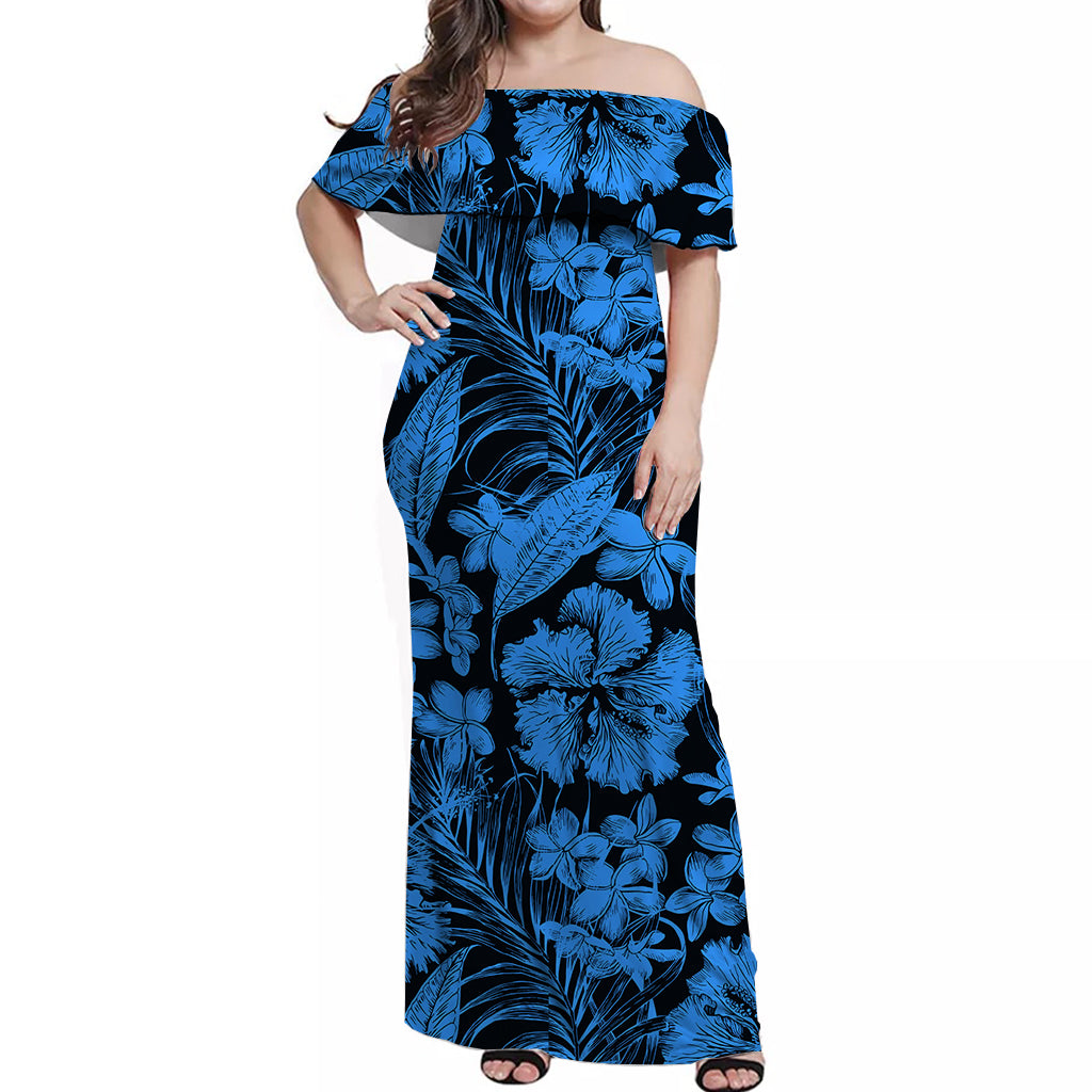 Aloha Hawaii Flowers Summer Off Shoulder Long Dress LT6 Women Blue - Polynesian Pride