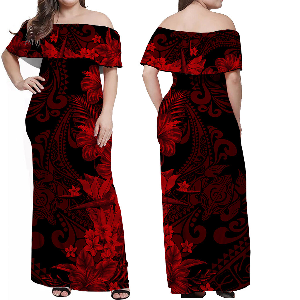 Hawaii Flowers Mix Tribal Pattern Off Shoulder Long Dress LT6 Women Red - Polynesian Pride